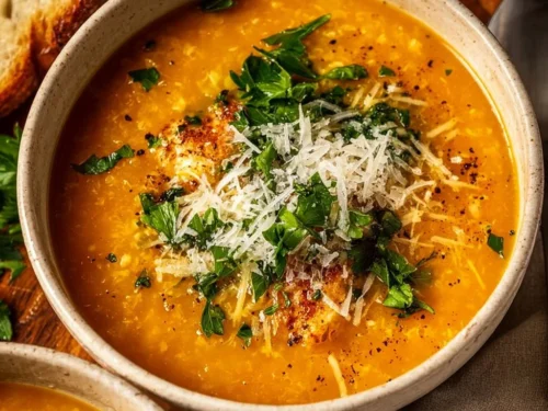 Bowl of Italian Penicillin Soup garnished with fresh herbs and vegetables.