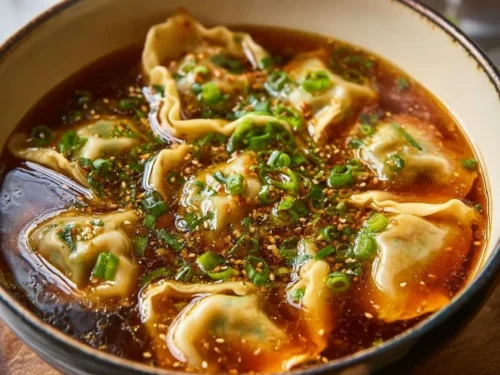 A steaming bowl of potsticker soup garnished with green onions
