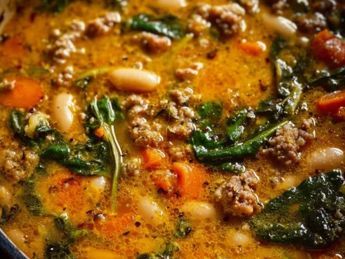 Bowl of warm Tuscan White Bean Soup garnished with fresh herbs