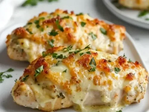 Baked Cream Cheese Chicken dish garnished with herbs on a plate