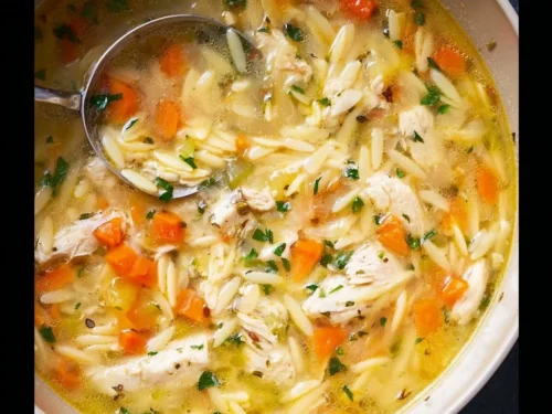Delicious bowl of lemon chicken orzo soup made in a crockpot