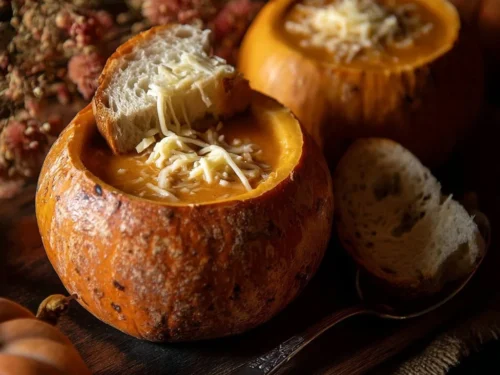 Butternut squash soup with sausage and potatoes in roasted pumpkin bowls.