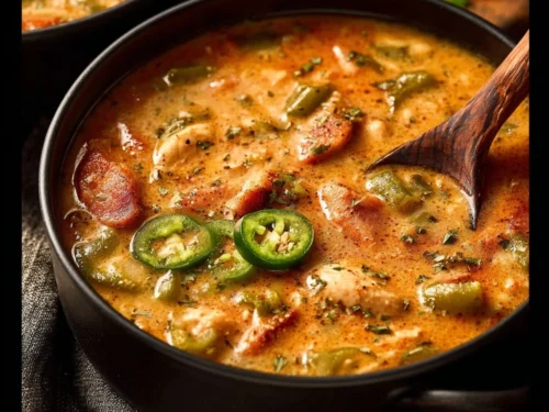 A savory bowl of Cajun White Chicken Chili topped with fresh herbs and spices.