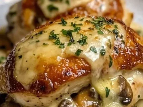 Cheesy garlic butter mushroom stuffed chicken on a plate, garnished with herbs.