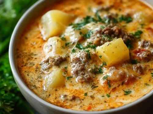 Bowl of Cheesy Hamburger Potato Soup garnished with herbs and cheese