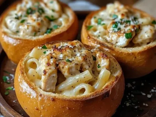 Chicken Alfredo served in garlic bread bowls, featuring creamy sauce and seasoned chicken.