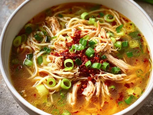 Bowl of classic ginger garlic chicken noodle soup with fresh herbs and spices