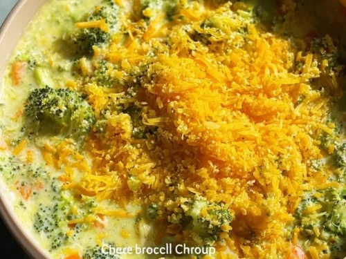 Creamy broccoli cheddar soup served in a bowl with fresh broccoli and cheese