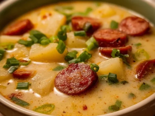 Crockpot potato soup with sausage served in a bowl, topped with herbs.