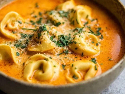 Cozy bowl of Parmesan Tomato Tortellini Soup perfect for fall dinners.