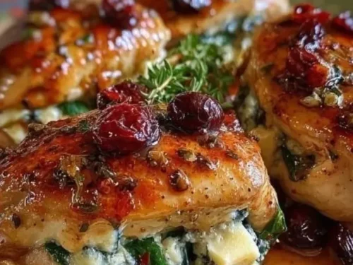 Cranberry and spinach stuffed chicken breast with brie cheese on a plate