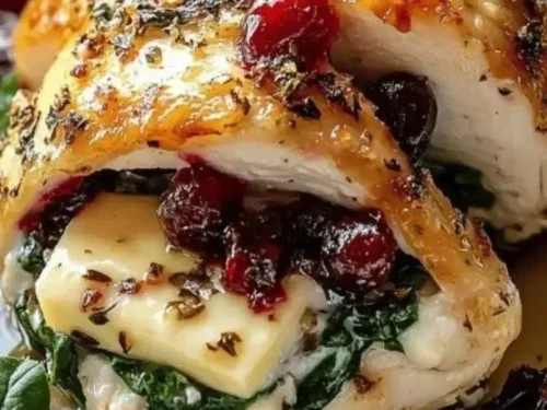 Cranberry and spinach stuffed chicken with brie on a plate
