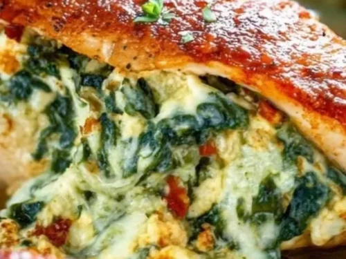 Cream cheese spinach stuffed chicken breast served on a plate