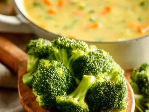 Creamy broccoli cheddar soup in a bowl garnished with cheese and broccoli florets