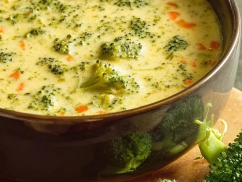Bowl of creamy broccoli cheddar soup garnished with fresh herbs