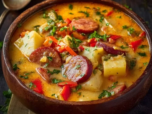 Bowl of creamy Cajun potato soup with sausage and cheese garnished with herbs.
