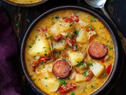 Creamy Cajun potato soup with sausage in a bowl, ready to enjoy.