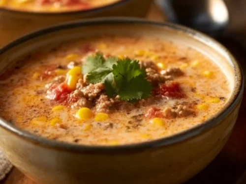 Delicious bowl of Creamy Cowboy Soup garnished with fresh herbs