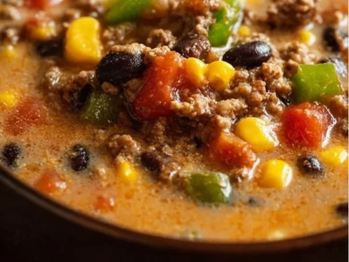 Bowl of Creamy Cowboy Soup garnished with herbs and bread on the side