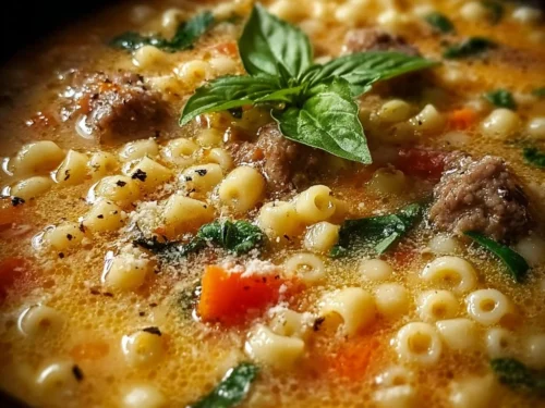 Bowl of creamy Parmesan sausage soup with ditalini pasta