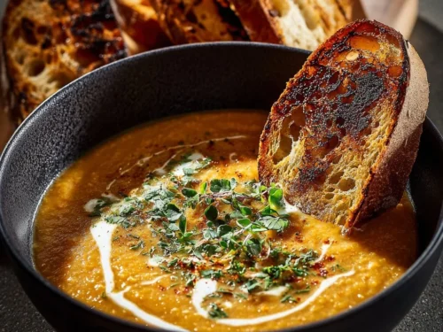 Bowl of caramelized onion red lentil soup garnished with herbs, healthy warm meal