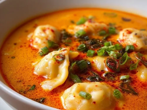Bowl of delicious coconut curry soup with dumplings garnished with herbs