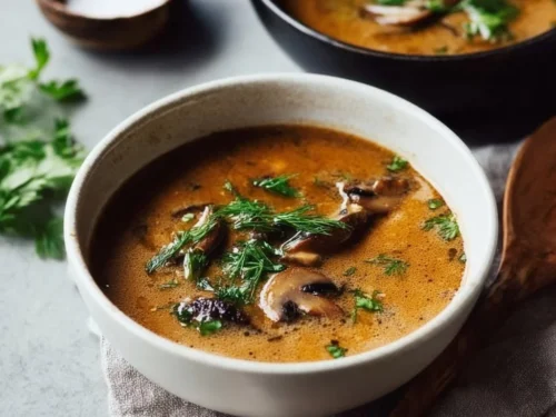 Bowl of creamy Hungarian mushroom soup topped with dill and sour cream