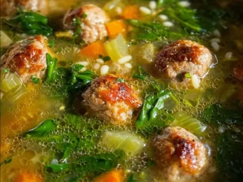 Bowl of homemade Italian Wedding Soup with fresh herbs and cabbage