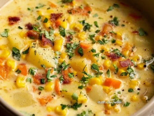 Bowl of delicious simple potato corn chowder garnished with herbs