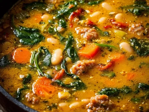 Delicious Vegan Tuscan White Bean Soup in a bowl, garnished with fresh herbs.