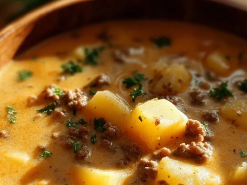 Bowl of easy cheesy hamburger potato soup topped with cheese and herbs