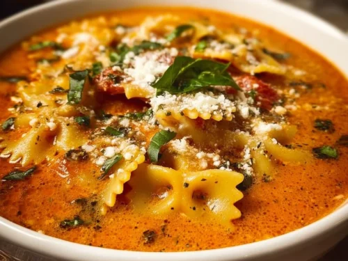 Bowl of easy creamy lasagna soup garnished with fresh herbs