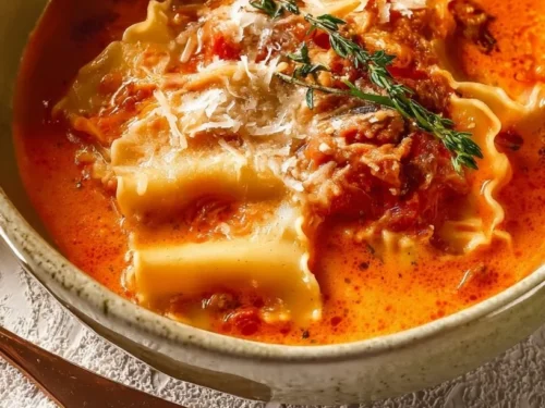 Creamy lasagna soup in a bowl garnished with herbs and cheese