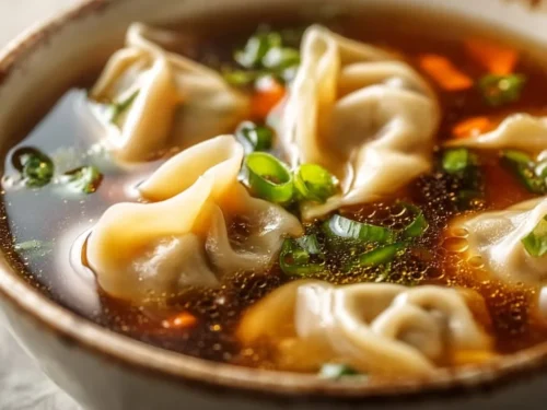 Bowl of easy potsticker soup garnished with green onions and herbs