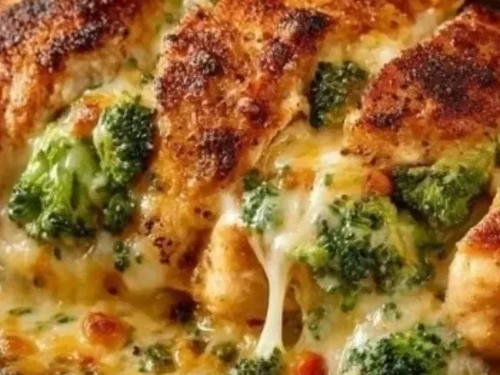 Broccoli cheese stuffed chicken breast on a plate, garnished with herbs