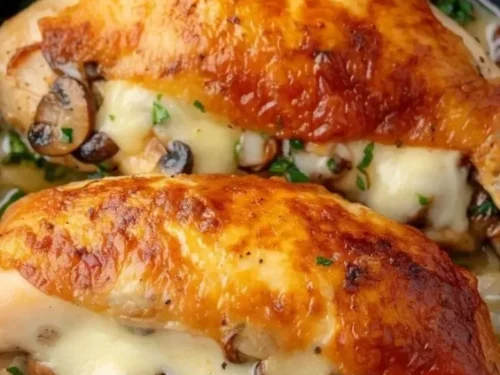 Flavorful mushroom stuffed chicken breast on a plate garnished with herbs.