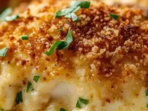 Delicious Garlic Parmesan Stuffed Chicken ready to serve with fresh herbs.