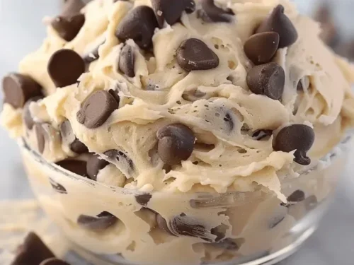 Bowl of Greek Yogurt Cookie Dough with chocolate chips and a spoon