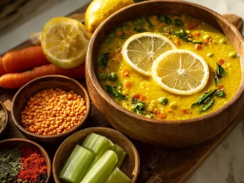 Bowl of golden lemon lentil soup garnished with herbs and lemon slices