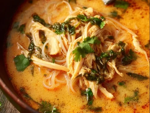Bowl of healthy red curry soup garnished with fresh herbs and spices
