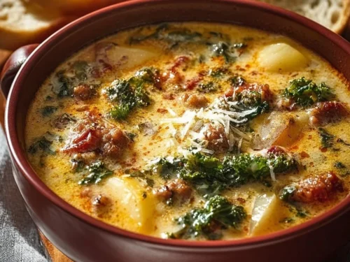 A bowl of Healthy Zuppa Toscana, a Tuscan sausage soup with vegetables and flavors.