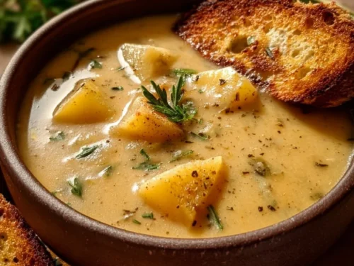 Bowl of hearty cheddar garlic herb potato soup topped with herbs and cheese