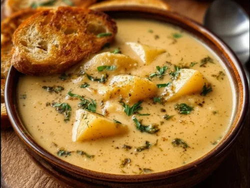 Delicious bowl of creamy cheddar garlic herb potato soup with fresh herbs
