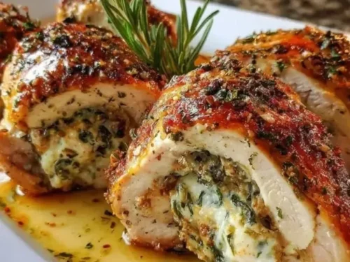 Herbed ricotta stuffed chicken rolls served on a plate for a delicious dinner.
