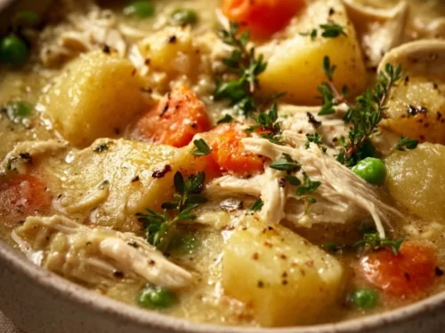 High protein chicken pot pie soup in a bowl with vegetables
