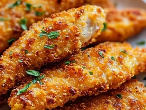 Homemade baked chicken tenders served with dipping sauce.