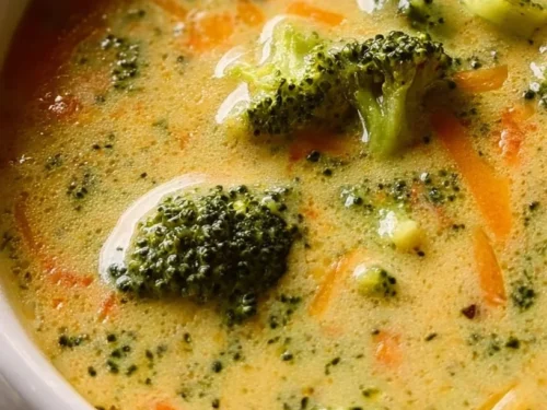Delicious bowl of creamy broccoli cheddar soup garnished with fresh herbs