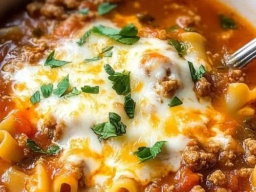 Bowl of creamy lasagna soup topped with cheese and herbs for a cozy dinner.