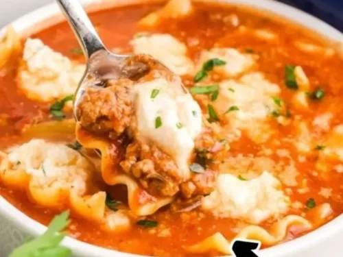 Delicious bowl of lasagna soup topped with cheese and herbs