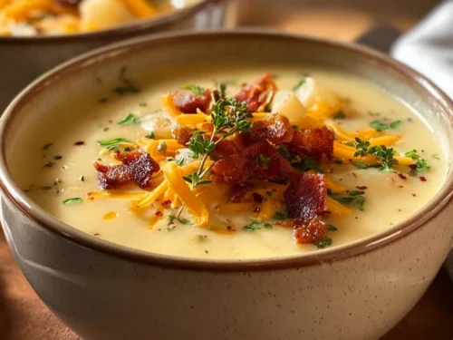 Bowl of loaded potato soup topped with bacon, cheese, and green onions.